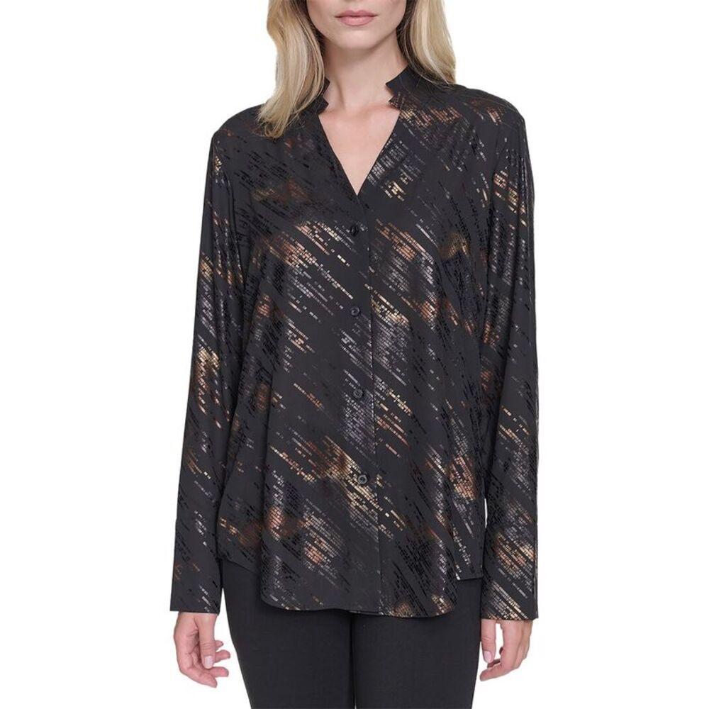Halston Womens Printed V-Neck Top, Black